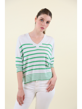 Pull V rayé vert en lurex...